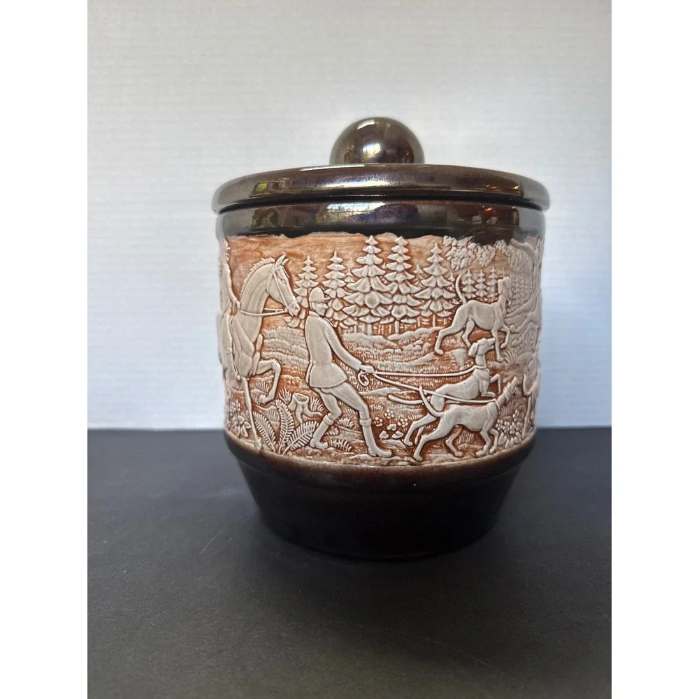 Vintage Fox Hunt Ceramic Cookie Jar Canister Embossed Equestrian Scene Brown